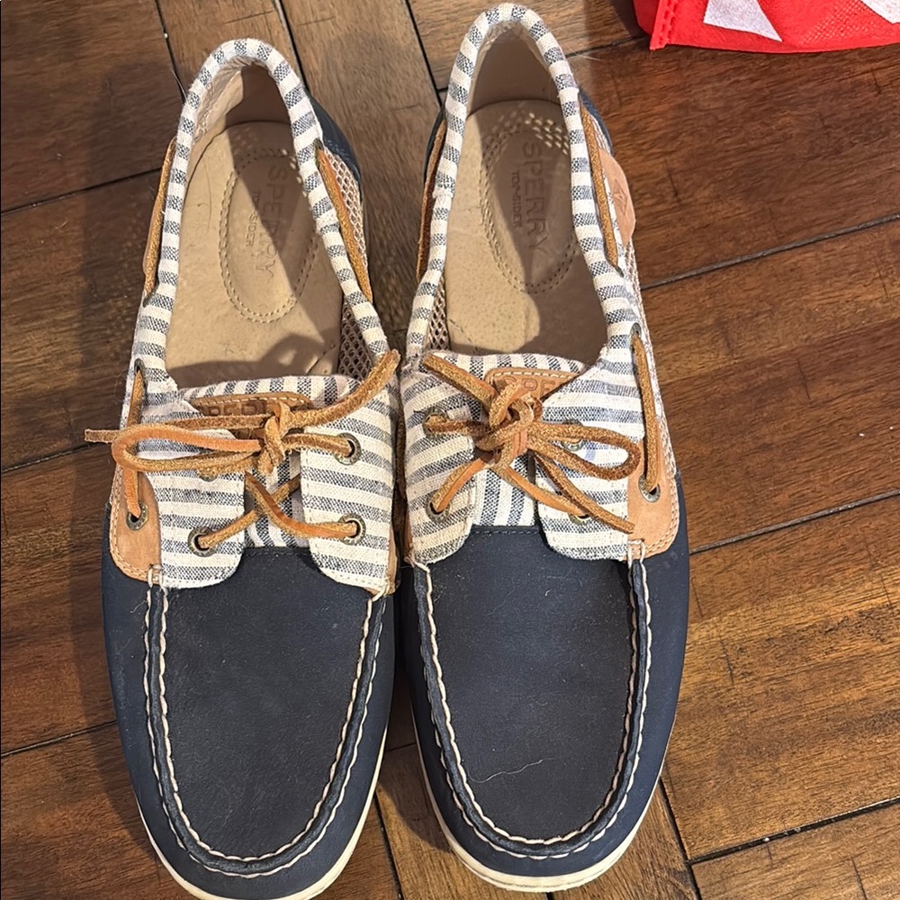 Navy and Tan Striped Boat Shoes